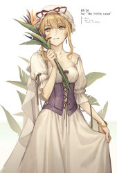 Rule 34 | 1girl, alternate hair length, alternate hairstyle, bad id, bad pixiv id, bangle, bird of paradise flower, blonde hair, bracelet, breasts, collarbone, commentary, corset, cowboy shot, dress, earrings, english commentary, english text, flower, hat, hat ribbon, highres, holding, jewelry, karaori, mob cap, parted lips, plant, puffy short sleeves, puffy sleeves, red ribbon, ribbon, short hair, short sleeves, skirt hold, small breasts, smile, solo, touhou, white background, white dress, white hat, yakumo yukari, yellow eyes