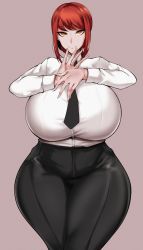 Rule 34 | 1girl, absurdres, alternate breast size, black neckwear, black pants, breasts, chainsaw man, curvy, dress shirt, female focus, gigantic breasts, highres, huge breasts, long hair, long sleeves, looking at viewer, makima (chainsaw man), necktie, owner1657, pants, plump, red hair, shirt, shirt tucked in, sidelocks, smile, solo, thick thighs, thighs, tight clothes, tight pants, white shirt, wide hips, yellow eyes