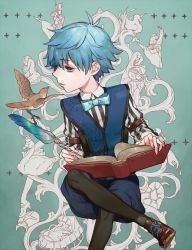 Rule 34 | 1boy, bird, black legwear, blue bow, blue eyes, blue hair, blue shorts, book, bow, bowtie, brown footwear, duck, fate/grand order, fate (series), full body, hans christian andersen (fate), holding, holding quill, invisible chair, long sleeves, looking to the side, male focus, open book, pantyhose, quill, sara (kurome1127), shirt, shorts, sitting, striped, swan, vertical stripes, vest, white shirt