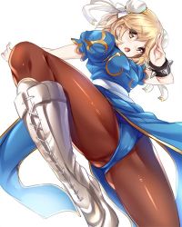 Rule 34 | 10s, 1girl, blonde hair, blue dress, blush, boots, bracelet, brown eyes, brown pantyhose, bun cover, capcom, china dress, chinese clothes, chun-li, cross-laced footwear, djeeta (granblue fantasy), double bun, dress, fighting stance, gloves, granblue fantasy, hair bun, hairband, hinata sora, jewelry, legs, looking at viewer, open mouth, pantyhose, pelvic curtain, puffy short sleeves, puffy sleeves, ribbon, short hair, short sleeves, side slit, simple background, solo, spiked bracelet, spikes, street fighter, white background, white footwear