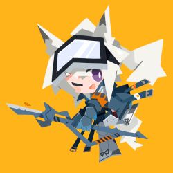 Rule 34 | 1girl, :d, absurdres, animal ears, arknights, blue jacket, blush, chibi, commentary, full body, goggles, goggles on head, grani (arknights), grey hair, highres, holding, holding polearm, holding weapon, jacket, nuu (nu-nyu), one eye closed, open mouth, orange background, polearm, purple eyes, simple background, smile, solo, squirrel ears, squirrel girl, squirrel tail, tail, teeth, thick eyebrows, upper teeth only, weapon