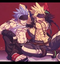 Rule 34 | 00s, bara, belt, blonde hair, blue eyes, blue hair, boots, bracelet, bulge, chain, chest grab, clothes lift, cross, dungeon and fighter, gloves, hairy, headband, jewelry, male focus, muscular, necklace, nipples, pants, red eyes, sandals, shirt lift, smile, sweat, tattoo, unfinished, vest, yaoi