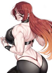 Rule 34 | 1girl, :q, absurdres, ass, back, bare shoulders, breasts, broad shoulders, bustier, facepaint, from behind, fuuma kotarou (tenkaichi), gradient hair, halterneck, highres, large breasts, long hair, looking at viewer, multicolored hair, muscular, muscular female, orange hair, panties, pants, parted bangs, red eyes, red hair, red panties, revealing clothes, simple background, smile, smirk, solo, string panties, tenkaichi nihon saikyou bugeisha ketteisen, tongue, tongue out, underwear, urec, very long hair, whale tail (clothing), wristband
