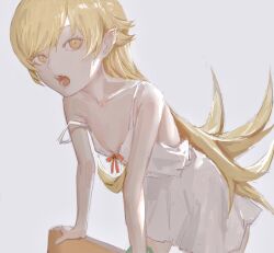 Rule 34 | . (kometto333), 1girl, all fours, bakemonogatari, bare shoulders, blonde hair, breasts, collarbone, dress, fang, grey background, highres, long hair, looking at viewer, monogatari (series), open mouth, oshino shinobu, pointy ears, simple background, small breasts, solo, spaghetti strap, strap slip, white dress, yellow eyes