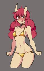 Rule 34 | 1girl, @ @, ahoge, asymmetrical horns, bikini, blush, borrowed character, bow, breasts, broken horn, choker, cleavage, clenched hands, collarbone, cowboy shot, doce, female focus, grey background, hair bow, harmony (xenogiri), highres, horns, long hair, looking to the side, navel, oni horns, open mouth, orange eyes, original, red hair, simple background, small breasts, solo, swimsuit, twintails, yellow bikini