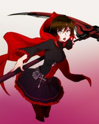 Rule 34 | 1girl, cape, cross, feguimel, flower, gothic lolita, gradient background, grey eyes, lolita fashion, multicolored hair, open mouth, pantyhose, rose, ruby rose, rwby, scythe, short hair, solo, watermark
