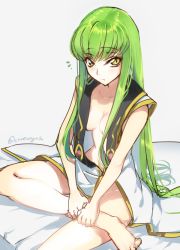 Rule 34 | 1girl, artist name, barefoot, breast tattoo, breasts, c.c., cleavage, code geass, creayus, frown, green hair, long hair, looking at viewer, open clothes, simple background, sitting, solo, tattoo, yellow eyes