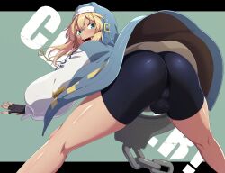 Rule 34 | 1boy, androgynous, anus, anus peek, ao banana, ass, ass focus, bare legs, bike shorts, black border, black gloves, blonde hair, border, bridget (guilty gear), bulge, covered testicles, cuffs, english text, fingerless gloves, from behind, gloves, green background, green eyes, guilty gear, guilty gear strive, habit, hair between eyes, handcuffs, happy, highres, hood, hoodie, huge ass, long sleeves, looking at viewer, looking back, medium hair, open mouth, shorts, sidelocks, smile, solo, spread legs, thighs, trap