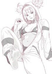 Rule 34 | 1girl, barefoot, feet, han juri, highres, hood, long hair, looking at viewer, monochrome, onesie, open clothes, parted lips, soles, street fighter, toes