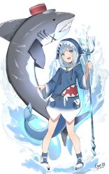 Rule 34 | 1girl, :d, absurdres, animal, animal hood, artist name, blue eyes, blue hair, blue hoodie, blue socks, commentary request, fins, fish tail, full body, gar32, gawr gura, gawr gura (1st costume), grey hair, highres, holding, hololive, hololive english, hood, hood up, hoodie, long sleeves, multicolored hair, open mouth, polearm, shark, shark tail, shoes, signature, smile, socks, solo, standing, streaked hair, tail, trident, virtual youtuber, water, weapon, white background, white footwear, wide sleeves
