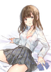 Rule 34 | 1girl, black skirt, blazer, blue bow, blue bowtie, blush, bow, bowtie, breasts, brown eyes, brown hair, cleavage, commentary request, hair ornament, hairclip, hanekoto, jacket, long hair, long sleeves, looking at viewer, matching hair/eyes, neckerchief, original, pleated skirt, school uniform, sketch, skirt, smile, solo, twitter username, uniform, white background