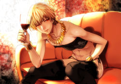 Rule 34 | 1boy, alcohol, bikini, black panties, black thighhighs, blonde hair, bracelet, covered erect nipples, crossdressing, cup, drinking glass, fate/stay night, fate/zero, fate (series), gilgamesh (fate), jewelry, male focus, necklace, open mouth, panties, red eyes, riko (k riko), short hair, side-tie bikini bottom, side-tie panties, sitting, skull, smile, solo, strapless, swimsuit, thighhighs, trap, tube top, underwear, wine, wine glass