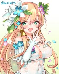 Rule 34 | 1girl, :d, bad id, bad pixiv id, bare shoulders, blonde hair, covered erect nipples, covered navel, detached sleeves, dress, flower, freyja (p&amp;d), green eyes, hair flower, hair ornament, long hair, mashiro miru, open mouth, puzzle &amp; dragons, smile, solo, twitter username, upper body