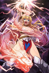Rule 34 | 1girl, angry, arm up, armor, attack, aura, belt, bikini armor, black panties, blonde hair, blue eyes, blush, braid, breasts, cleavage, closed mouth, dragon, gauntlets, greaves, hair ornament, headband, headgear, holding, holding sword, holding weapon, large breasts, leina (queen&#039;s blade), leina (queen&#039;s blade unlimited), lightning, loincloth, long hair, looking at viewer, night, official art, open mouth, panties, queen&#039;s blade, queen&#039;s blade unlimited, queen&#039;s blade white triangle, revealing clothes, shield, side braids, sidelocks, single gauntlet, solo, sword, teeth, underwear, upper teeth only, weapon