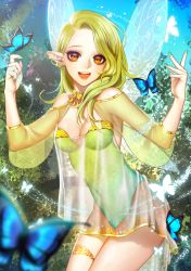 Rule 34 | 1girl, :d, aegyo, bare shoulders, blonde hair, blurry, breasts, bug, butterfly, cleavage, cowboy shot, depth of field, earrings, fairy, fairy wings, gold, green hair, green leotard, green nails, insect, jewelry, leaf, leotard, long hair, looking at viewer, medium breasts, nail polish, open mouth, orange eyes, original, pointy ears, see-through, smile, solo, tattoo, teeth, wide sleeves, wings