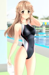 Rule 34 | 1girl, absurdres, antenna hair, black one-piece swimsuit, blue sky, blunt bangs, blurry, braid, breasts, brown eyes, brown hair, cloud, commentary request, competition swimsuit, covered navel, cowboy shot, day, depth of field, high school fleet, highleg, highleg swimsuit, highres, long hair, medium breasts, nosa kouko, one-piece swimsuit, outdoors, parted bangs, pool, side braids, sky, solo, standing, string of flags, swimsuit, takafumi, thighs, twin braids