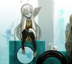 Rule 34 | 1girl, blonde hair, blue eyes, halo, ia (vocaloid), long hair, md5 mismatch, nine (plantroom9), single wing, smile, thighhighs, very long hair, vocaloid, wings