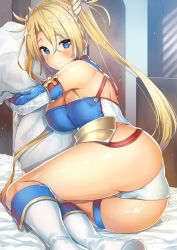 Rule 34 | 1girl, ass, b-ginga, back, bare shoulders, bed, bed sheet, blonde hair, blue eyes, blush, boots, bradamante (fate), bradamante (first ascension) (fate), braid, breasts, closed mouth, commentary request, elbow gloves, fate/grand order, fate (series), french braid, gloves, indoors, knee boots, leotard, light particles, long hair, looking at viewer, multicolored clothes, multicolored gloves, multicolored leotard, hugging object, on bed, pillow, pillow hug, shiny skin, shoulder blades, sidelocks, sitting, smile, solo, thigh strap, twintails, very long hair, white footwear