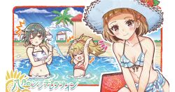 &gt;_&lt; +++ 3girls :d ^^^ amakusa_kotone arched_bangs arms_up beach_umbrella bikini black_hair blonde_hair blush border brown_hair cinderella_series closed_mouth collarbone copyright_name flower frilled_bikini frills green_eyes hachigatsu_no_cinderella_nine hair_ornament hairclip hanako_(akatsuki) hat hat_flower high_ponytail iwaki_yoshimi japanese_clothes kimono long_hair looking_at_viewer multiple_girls navel non-web_source official_alternate_hairstyle official_art one_eye_closed open_mouth outdoors outside_border palm_tree pool print_kimono purple_eyes short_hair sitting sketchbook smile speed_lines splashing string_bikini striped_bikini striped_clothes sun_hat sweatdrop swimsuit tree tsukumo_kana umbrella v_arms wading white_border white_hat