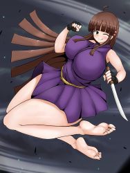 Rule 34 | 1girl, ahoge, barefoot, blush, breasts, brown hair, feet, greatthing1986, highres, huge breasts, large breasts, licking lips, long hair, looking at viewer, night, ninja, smile, soles, tanto, toes, tongue, tongue out, wink, yellow eyes