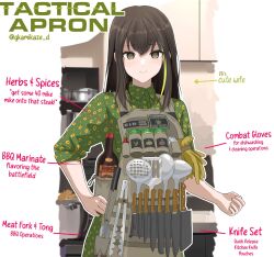 Rule 34 | 1girl, apron, black hair, blush, brown eyes, collared shirt, commentary, cooking pot, dgkamikaze, english commentary, english text, floral print, girls&#039; frontline, gloves, green hair, hand on own hip, highres, kitchen, kitchen knife, long hair, looking at viewer, m4a1 (girls&#039; frontline), multicolored hair, sauce, shirt, sleeves rolled up, smile, spatula, streaked hair, tongs, twitter username