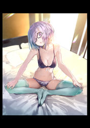 Rule 34 | 1girl, :o, aqua thighhighs, backlighting, bedroom, black bra, black panties, border, bra, breasts, butterfly sitting, cleavage, collarbone, day, fate/grand order, fate (series), feet, feet together, green thighhighs, hair over one eye, head tilt, indoors, looking at viewer, mash kyrielight, medium breasts, navel, no shoes, on bed, open mouth, panties, purple eyes, purple hair, purple panties, short hair, sidelocks, sitting, solo, thighhighs, thighs, underwear, underwear only, yuugen