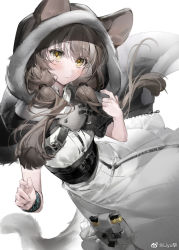 Rule 34 | 1girl, animal ear fluff, arknights, belt, black cape, blush, bracelet, brown hair, cape, closed mouth, dress, ears through headwear, highres, honeyberry (arknights), hood, hood up, hooded cape, infection monitor (arknights), jewelry, liyu li, long hair, looking at viewer, low twintails, simple background, solo, tail, twintails, white background, white dress, yellow eyes