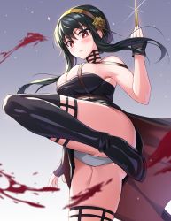 Rule 34 | 1girl, absurdres, bare arms, bare shoulders, black dress, black gloves, black hair, black thighhighs, blood, breasts, cleavage, commentary request, dress, fingerless gloves, gloves, gradient background, grey background, hairband, high heels, highres, holding, holding weapon, holiday (pangjelly), large breasts, long hair, panties, red eyes, sidelocks, solo, spy x family, standing, standing on one leg, thighhighs, thighs, underwear, weapon, white panties, yor briar