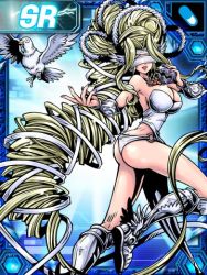 Rule 34 | 1girl, absurdly long hair, angel wings, ass, bare back, bird, blindfold, blonde hair, breasts, bridal gauntlets, butt crack, card (medium), card game, choker, cleavage, curvy, detached sleeves, digimon, digimon (creature), digimon collectors, female focus, hotan (digimon), huge ass, large breasts, long hair, lowres, official art, olive (digimon), olympos xii, panties, ponytail, smile, solo, thick thighs, thighs, underwear, venusmon, very long hair, white panties, wings