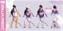 Rule 34 | absurdres, android, animal ears, animal hood, ass, black hair, bodysuit, bodysuit under clothes, cable, cable tail, cat ears, cat girl, character sheet, commentary, commission, cyberpunk, english commentary, from behind, full body, gun, handgun, highres, hood, hood up, long hair, mechanical spine, mechanical tail, multicolored hair, original, purple eyes, purple hair, revolver, science fiction, see-through, sjbuns, tail, tan, two-tone hair, weapon