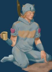Rule 34 | 1boy, beanie, blonde hair, blue background, closed eyes, closed mouth, coffee mug, commentary request, cup, danart14020, feathers, full body, hat, highres, holding, holding cup, hood, hood down, hoodie, horseshoe ornament, johnny joestar, jojo no kimyou na bouken, lips, male focus, mug, pants, realistic, short sleeves, simple background, sitting, solo, steel ball run, wariza, wristband