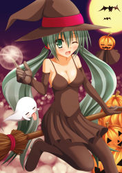 Rule 34 | 1girl, bat (animal), blush, boots, broom, broom riding, dress, elbow gloves, full moon, ghost, gloves, green eyes, green hair, halloween, hat, hatsune miku, jack-o&#039;-lantern, long hair, matching hair/eyes, moon, night, one eye closed, open mouth, pantyhose, shunrei (blue sanctuary), solo, thigh boots, thighhighs, twintails, very long hair, vocaloid, witch hat
