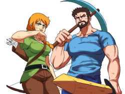 Rule 34 | 1boy, 1girl, alex (minecraft), arm up, arrow (projectile), beard, belt, black belt, black hair, blue pants, blue shirt, bow (weapon), braid, braided ponytail, breasts, brown pants, cowboy shot, minecraft pickaxe, dirty, facial hair, green eyes, green shirt, highres, holding, holding pickaxe, holding sword, holding weapon, long hair, medium breasts, minecraft, muscular, muscular male, orange hair, pants, parted lips, pickaxe, quiver, shirt, short sleeves, simple background, steve (minecraft), sword, tina fate, weapon, white background
