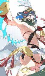 Rule 34 | 1girl, absurdres, ass, bare shoulders, black hair, black panties, black skirt, blood, blood on hands, blue hair, bracer, breasts, colored inner hair, detached collar, facepaint, fate/grand order, fate (series), feathers, grey eyes, halterneck, headdress, high collar, highres, looking at viewer, multicolored hair, panties, pelvic curtain, pretty-purin720, sash, short hair, sideboob, sidelocks, skirt, small breasts, solo, tassel, tenochtitlan (fate), tenochtitlan (first ascension) (fate), thighs, underwear, whip