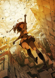 Rule 34 | 1girl, ahoge, arm up, broken glass, brown hair, building, city, cloud, cloudy sky, crying, crying with eyes open, demizu posuka, dying, falling, from below, glass, highres, house, kneehighs, long hair, original, outstretched arm, panties, pantyshot, pleated skirt, pone, red hair, school uniform, serafuku, shoes, skirt, sky, socks, solo, suicide, tears, underwear, upskirt