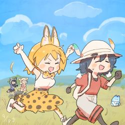 Rule 34 | 4girls, animal ears, backpack, bag, bare shoulders, black gloves, black hair, black legwear, blonde hair, blue sky, blue sweater, blush, bow, bowtie, cat ears, cat girl, cat tail, commentary request, common raccoon (kemono friends), elbow gloves, fang, fennec (kemono friends), fox ears, fox girl, fox tail, gloves, grey shorts, hat feather, helmet, high-waist skirt, highres, kaban (kemono friends), kemono friends, lucky beast (kemono friends), multiple girls, open mouth, pantyhose, pink sweater, pith helmet, print legwear, print neckwear, print skirt, raccoon ears, raccoon girl, raccoon tail, running, savannah, serval (kemono friends), serval print, shirt, short hair, shorts, sitting, skirt, sky, sleeveless, sweater, tail, thighhighs, traditional bowtie, tree, wamawmwm, white shirt