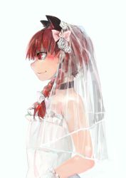 Rule 34 | 1girl, alternate costume, animal ears, bare shoulders, bow, braid, bridal veil, cat ears, choker, dress, flower, gloves, hair bow, hair ornament, ichiba youichi, kaenbyou rin, long hair, portrait, profile, red eyes, red hair, rose, simple background, smile, solo, strapless, strapless dress, touhou, twin braids, veil, wedding dress, white dress, white gloves