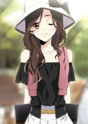 Rule 34 | 1girl, bad id, bad pixiv id, bare shoulders, black bow, black shirt, blurry, blush, bow, brown eyes, collarbone, day, depth of field, hat, head tilt, kanno sayu, kimi no na wa., long hair, looking at viewer, off-shoulder shirt, off shoulder, okudera miki, outdoors, parted lips, shirt, smile, solo, white hat