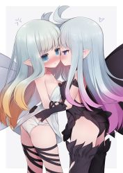 Rule 34 | 2girls, :&lt;, aerie (bravely default), anger vein, anne (bravely second), annoyed, antenna hair, arashiya, ass, bare shoulders, black gloves, black legwear, black leotard, blue eyes, blush, boots, bravely default: flying fairy, bravely default (series), bravely second: end layer, breast press, breasts, brown hair, butterfly wings, cleavage, clothes lift, commission, commissioner upload, dress, dress lift, eye contact, face-to-face, fairy, frilled leotard, frills, gloves, gradient hair, hand in panties, hand on another&#039;s ass, heart, hug, insect wings, leotard, lifting another&#039;s clothes, long hair, looking at another, multicolored hair, multiple girls, panties, panty pull, pink hair, pixiv commission, pointy ears, pulling another&#039;s clothes, purple eyes, silver hair, small breasts, smile, strapless, strapless dress, symmetrical docking, thigh boots, thigh strap, thighhighs, thighs, two-tone hair, underwear, white dress, white panties, wings, yuri