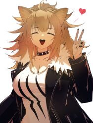 Rule 34 | 1girl, absurdres, alternate breast size, arknights, black collar, black jacket, black nails, breasts, brown hair, cleavage, closed eyes, collar, facing viewer, hand up, heart, highres, jacket, large breasts, leather, leather jacket, long hair, long sleeves, open clothes, open jacket, open mouth, shirt, siege (arknights), simple background, solo, studded collar, teeth, tongue, upper body, upper teeth only, v, white background, white shirt, xuanji