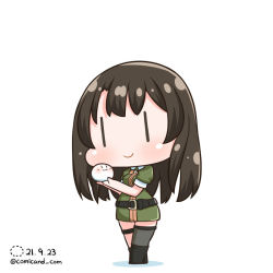 Rule 34 | 1girl, :3, black footwear, blush, boots, bow, bowtie, chibi, chikuma (kancolle), closed mouth, cross-laced footwear, dated, dress, food, green dress, grey thighhighs, kantai collection, lace-up boots, mochi, one-hour drawing challenge, puffy short sleeves, puffy sleeves, shiromaru (maniado), short sleeves, single thighhigh, smile, solo, thigh strap, thighhighs, twitter username, white background, yellow bow, yellow bowtie, | |