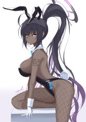 Rule 34 | 1girl, ahoge, animal ears, backless leotard, bare arms, bare shoulders, bikini, black hair, black leotard, blue archive, breasts, dark-skinned female, dark skin, detached collar, fake animal ears, fake tail, fishnet pantyhose, fishnets, from side, gloves, halo, high ponytail, highleg, highleg leotard, highres, karin (blue archive), karin (bunny) (blue archive), large breasts, leg up, legs, leotard, long hair, looking at viewer, looking to the side, official alternate costume, pantyhose, parted lips, ponytail, rabbit ears, rabbit tail, shoulder tattoo, side-tie leotard, sideboob, sidelocks, simple background, solo, strapless, strapless leotard, swimsuit, tail, tattoo, thighs, unel, very long hair, white background, white gloves, wrist cuffs, yellow bikini