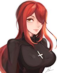 Rule 34 | 1girl, breasts, cross, cross necklace, hair over one eye, jewelry, large breasts, long hair, necklace, parasoul (skullgirls), portrait, pow3776, red hair, skullgirls, sweater, tagme, turtleneck, turtleneck sweater, white background, yellow eyes