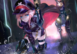 Rule 34 | 1girl, belt, black jacket, blue eyes, commentary request, copyright request, gun, hair ornament, hat, highres, holding, holding gun, holding weapon, jacket, looking at viewer, military, military uniform, non-humanoid robot, official art, peaked cap, pink hair, rain, robot, robot animal, science fiction, thigh strap, thighhighs, uniform, vardan, weapon