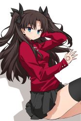 Rule 34 | 1girl, black hair, black skirt, black thighhighs, blue eyes, command spell, fate/stay night, fate (series), hair ribbon, long hair, looking at viewer, murakami meishi, pleated skirt, ribbon, skirt, solo, sweater, thighhighs, tohsaka rin, turtleneck, two side up, zettai ryouiki