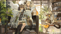 Rule 34 | 3girls, :d, antenna hair, arknights, bird, bird on hand, black choker, black legwear, book, book on lap, brown eyes, brown hair, chinese commentary, choker, commentary request, cup, dress, drinking, feather hair, glasses, grey dress, head wings, highres, holding, holding cup, holding teapot, horns, ifrit (arknights), indoors, jacket, long hair, low twintails, mug, multiple girls, off shoulder, open mouth, owl, reed (arknights), round eyewear, silence (arknights), single thighhigh, sitting, smile, starshadowmagician, tail, teapot, thighhighs, turtleneck, turtleneck dress, twintails, white jacket, wings, zettai ryouiki