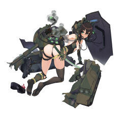 Rule 34 | 1girl, absurdres, animal ears, belt, black belt, black footwear, black gloves, black hair, black leotard, black socks, black thighhighs, blush, breasts, cable, cable tail, camouflage, cannon, cleavage, closed mouth, commentary, ear protection, elbow gloves, fake animal ears, full body, gloves, green eyes, gun, hair between eyes, headset, highres, katana, kneehighs, leotard, looking at viewer, mechanical tail, medium hair, no shoes, original, personification, print gloves, sandals, simple background, single kneehigh, single sock, single thighhigh, small breasts, smoke, socks, solo, sword, tail, thigh belt, thigh strap, thighhighs, tuziki sang, type 74 (tank) (personification), weapon, white background, zouri