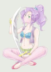 Rule 34 | 1girl, blue bra, bra, breasts, cleavage, commentary request, faris scherwiz, final fantasy, final fantasy v, green eyes, grey background, indian style, long hair, looking at viewer, midriff, navel, pants, pink pants, ponytail, purple hair, red footwear, simple background, sitting, solo, sword, underwear, veil, weapon, yuki56