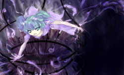 Rule 34 | 1girl, female focus, green eyes, green hair, hair bobbles, hair ornament, kisume, matching hair/eyes, nine (pixiv), nine (suifla), open mouth, rope, short hair, short sleeves, solo, torn clothes, touhou, twintails