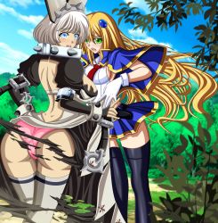 Rule 34 | 2girls, absurdres, ahoge, animal ears, arc system works, ass, blazblue, blonde hair, blue eyes, blush, breasts, capelet, dress, elphelt valentine, fingerless gloves, from behind, gloves, green eyes, guilty gear, guilty gear xrd, guilty gear xrd: revelator, highres, large breasts, long hair, looking at viewer, miniskirt, multiple girls, noel vermillion, open mouth, panties, pink panties, rabbit ears, seraphina, shiny clothes, shiny skin, short hair, sideboob, skirt, thighhighs, torn clothes, underwear, very long hair